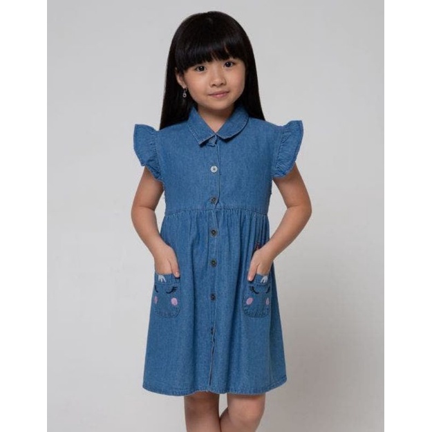 Little M Short Sleeve Midi Dress Anak Denim Kantong Unicorn READY