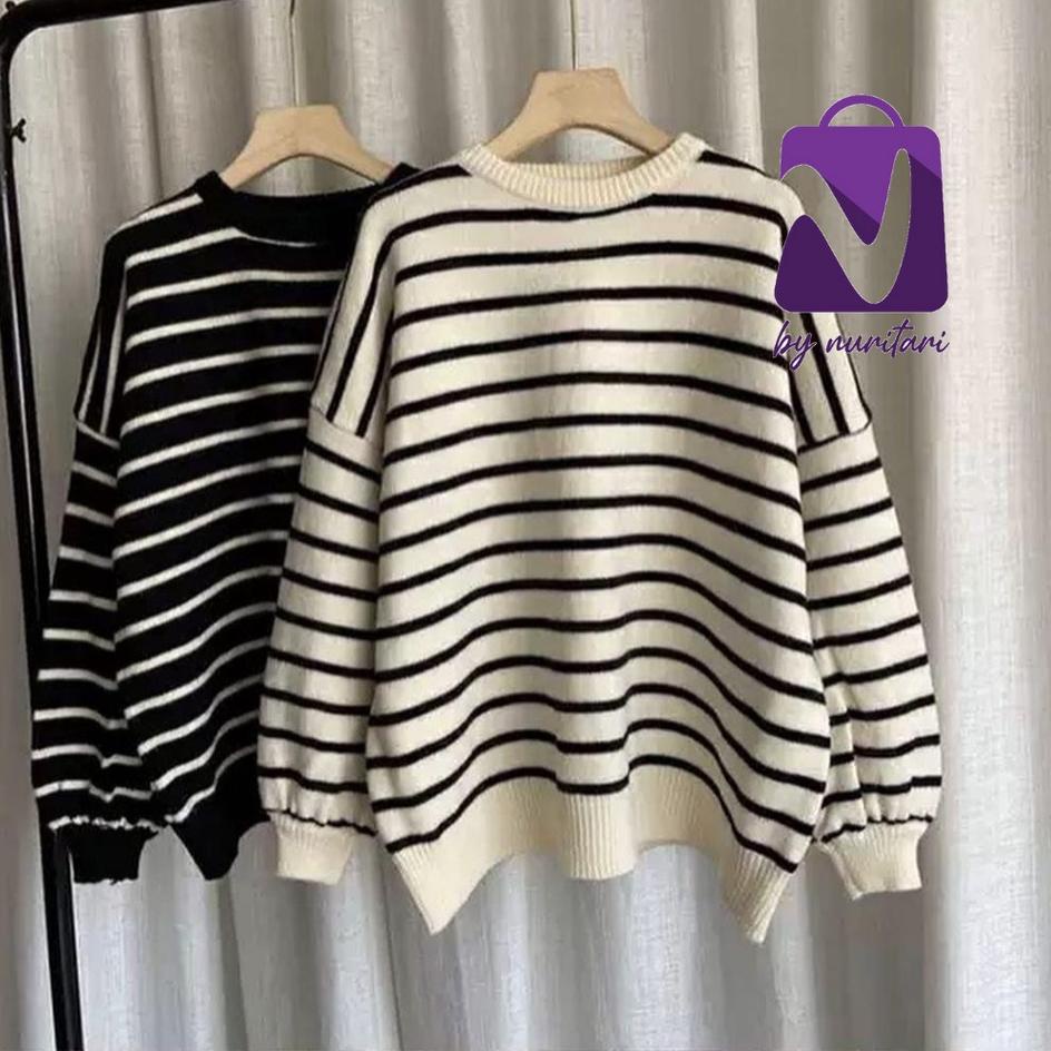 ゲ BAYONETA STRIP KNIT WANITA TERBARU ATASAN RAJUT TANGAN BALON .....