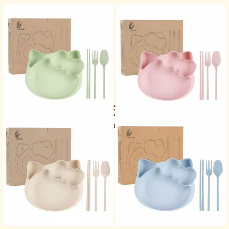 BUNGSU - Set Piring Makan Anak /Set Piring Jerami Karakter Hello Kitty