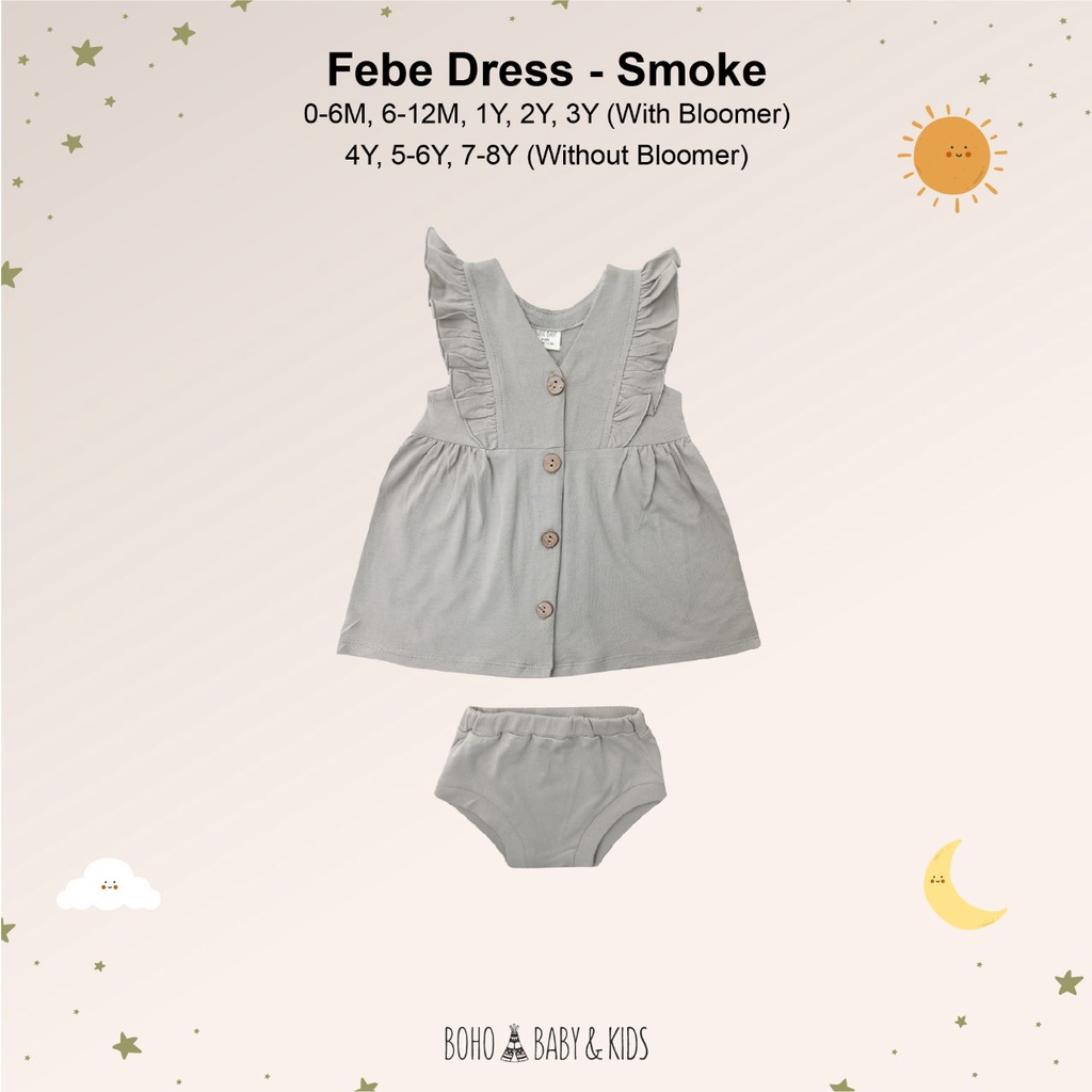 Bohobaby Febe Dress 3-4Y/Bohopanna Gaun Terusan Anak Bayi/Baju Dress Ruffle Set Celana Pendek-Smoke
