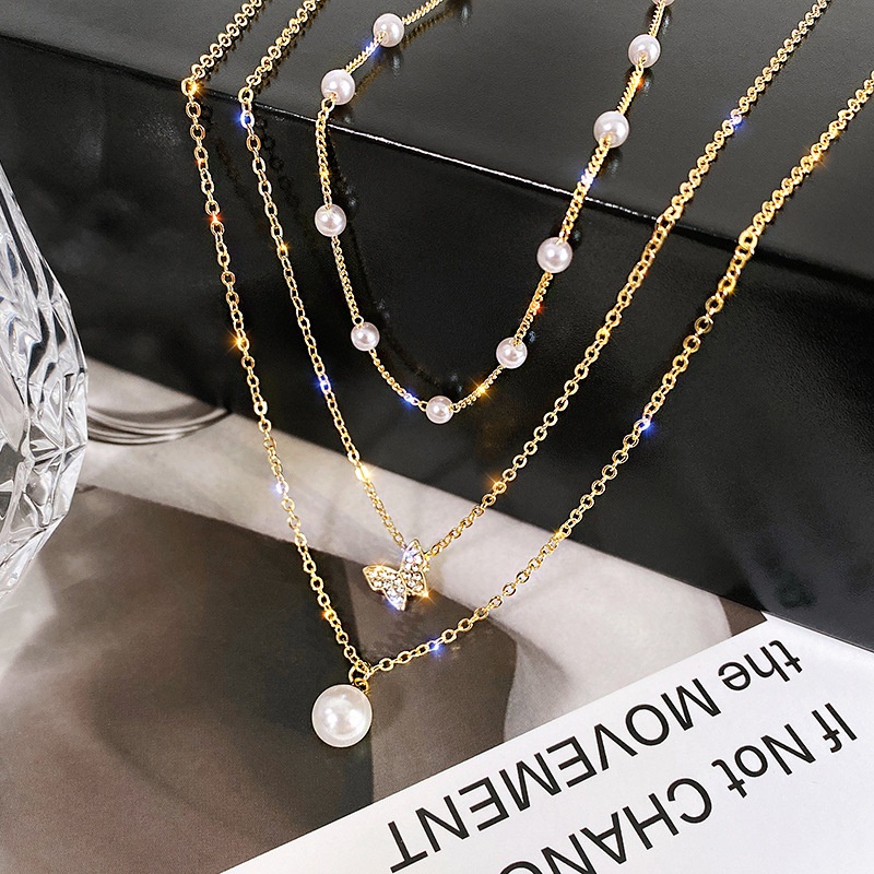 Kalung Rantai Multilayer Dengan Liontin Kupu-Kupu Aksen Mutiara Untuk Wanita