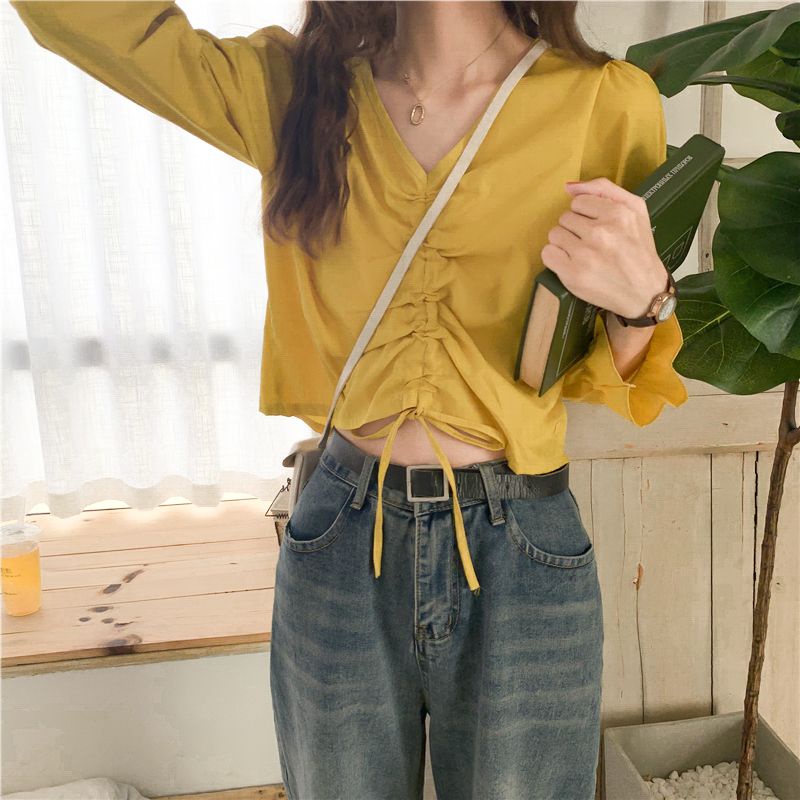 kerut blouse lengan panjang long Sleeve// lengan balon kerut vneck ilzzang serut crop tali depan