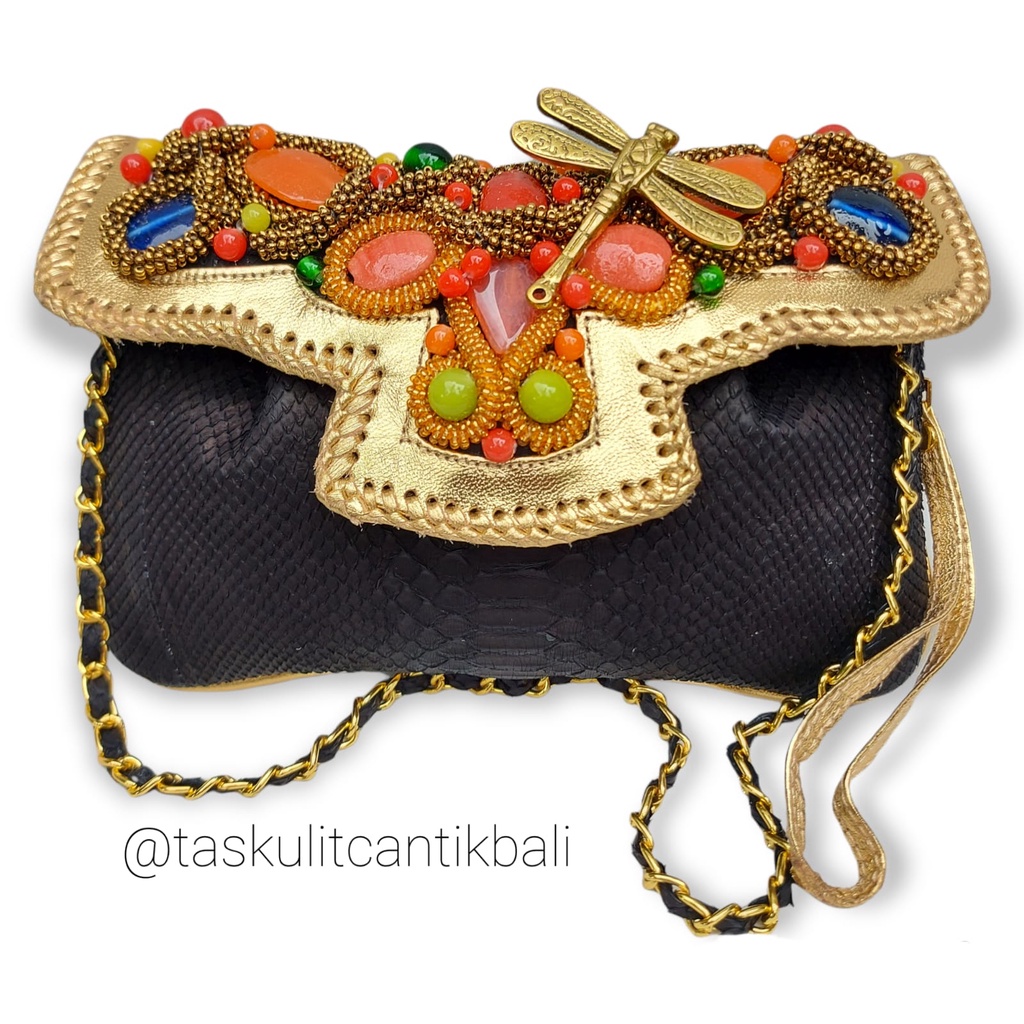 Clutch Pesta Raisa Size S Black Color - Clutch Model Kipas Asli Tas Kulit Ular Piton