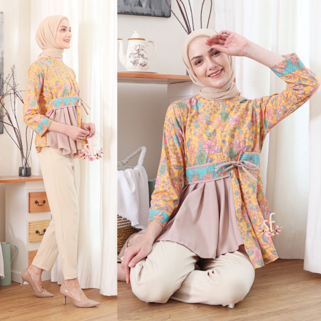 tey-17 Batik wanita ASJ SA HRB026 Kenongo Kemeja Tosca Pendek-Ayunda soft kunyit