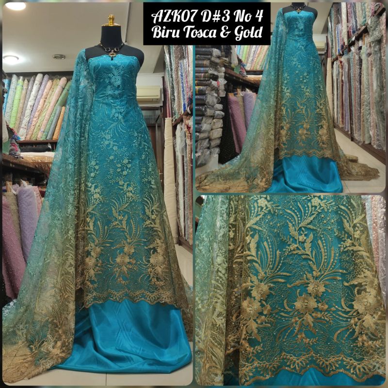 Kain Tile Brokat Swaro Gradasi Ombre AZK07 D#3 No 4 Biru Tosca &amp; Gold