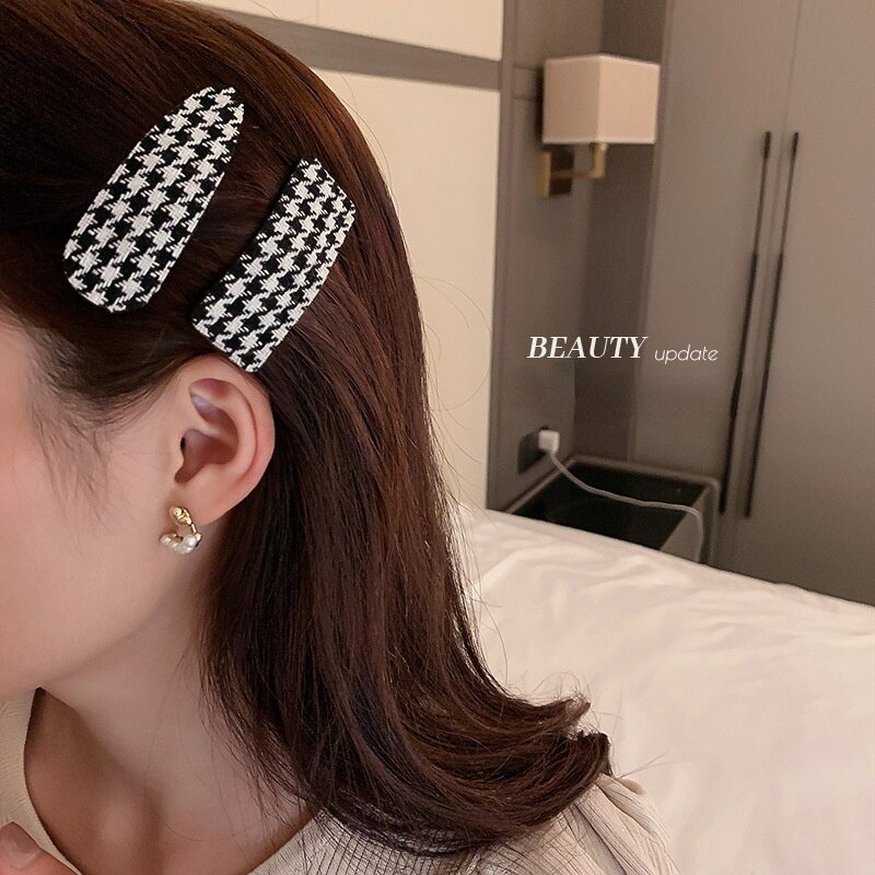 Jepit Rambut Pola Geometris Houndstooth Retro Gaya Korea Fashion Wanita Aksesoris