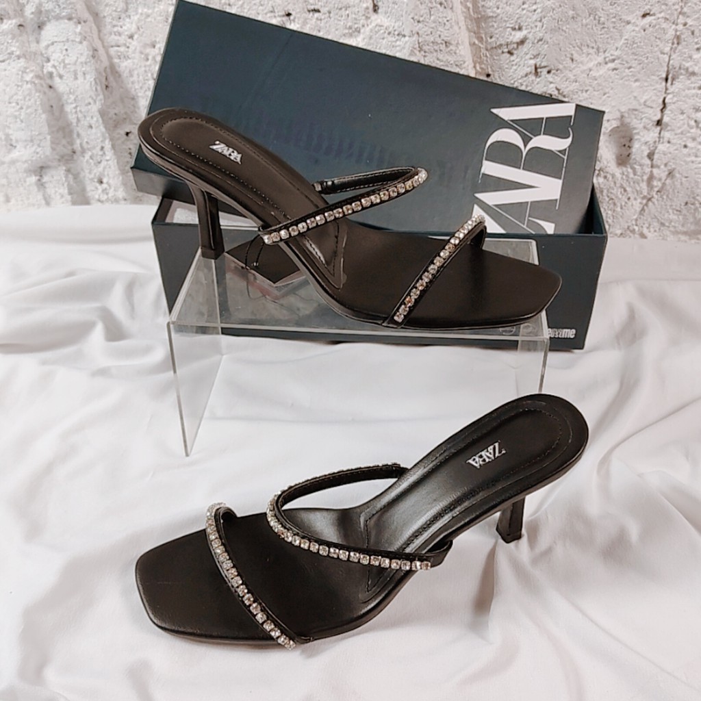 Zara Rhinestone Double Strap Heeled Sandal | Shopee Indonesia