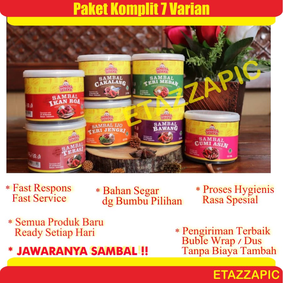 

Jawara Selera PAKET KOMPLIT 7 VARIAN Sambal Ikan Roa Cakalang Baby Cumi Teri Medan Bawang Terasi