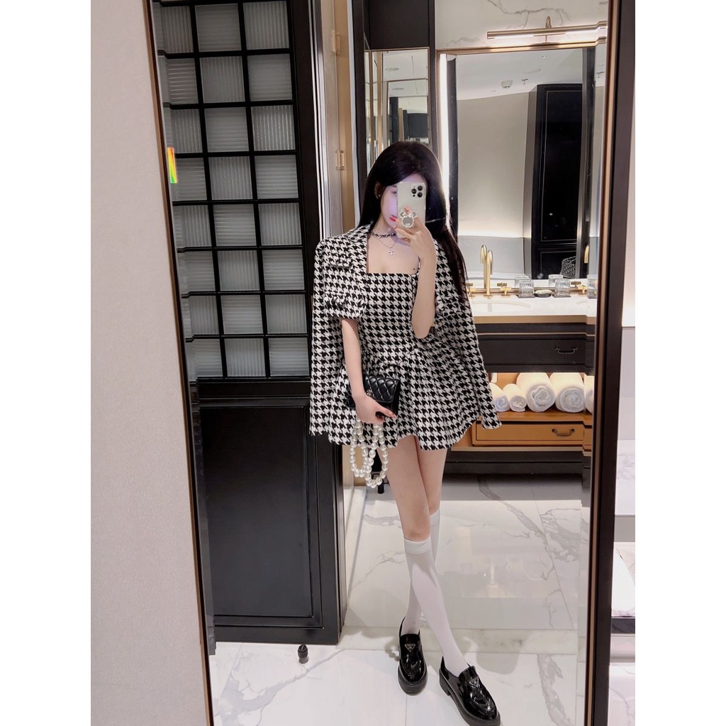 2022 musim semi houndstooth wanita lengan panjang kardigan mantel + suspender gaun rok tutu setelan