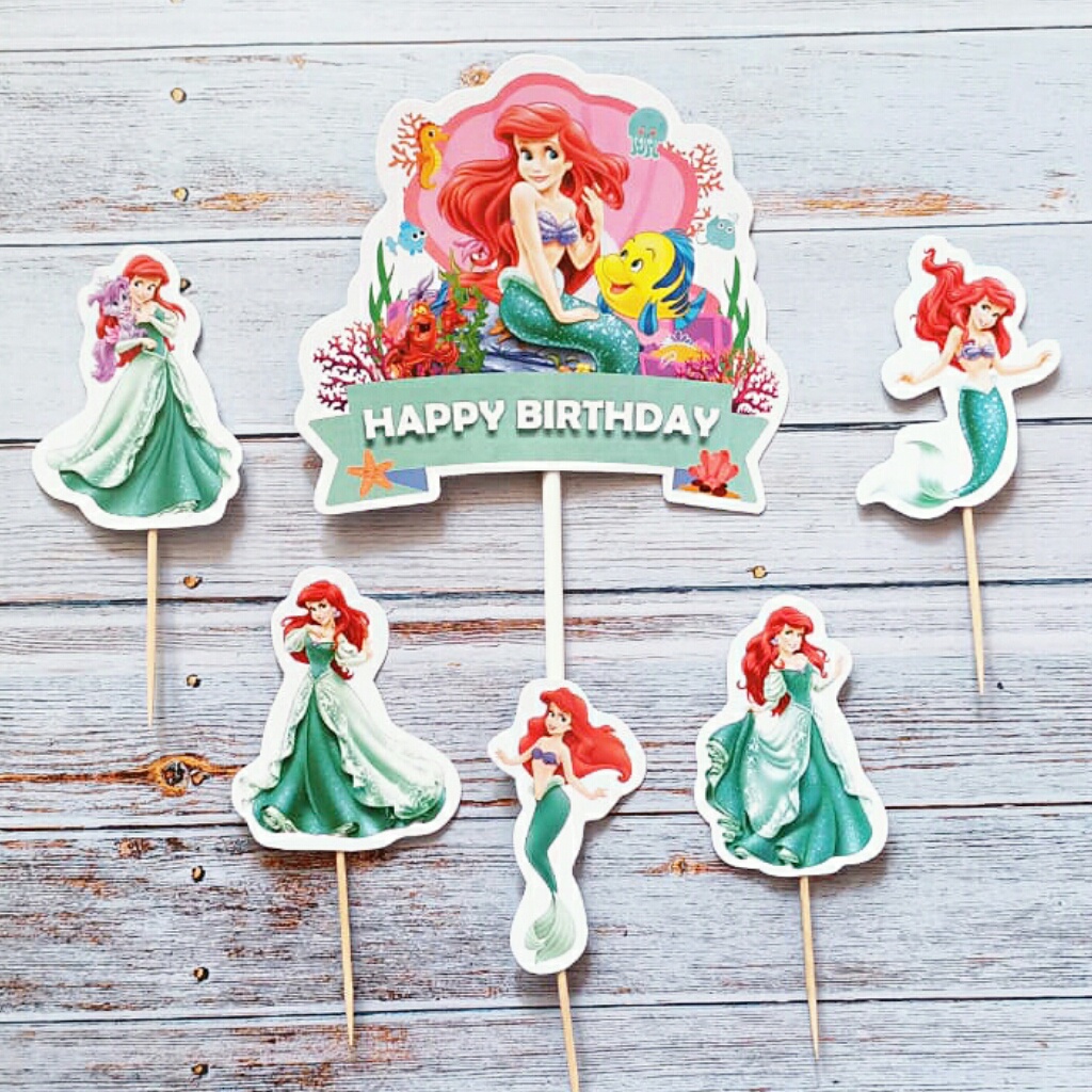 satu set hiasan kue ulang tahun cake topper karakter ariel mermaid princess ariel mermaid