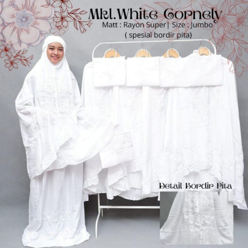 MUKENAH Dewasa Putih White Gornely Bordir Pita JUMBO