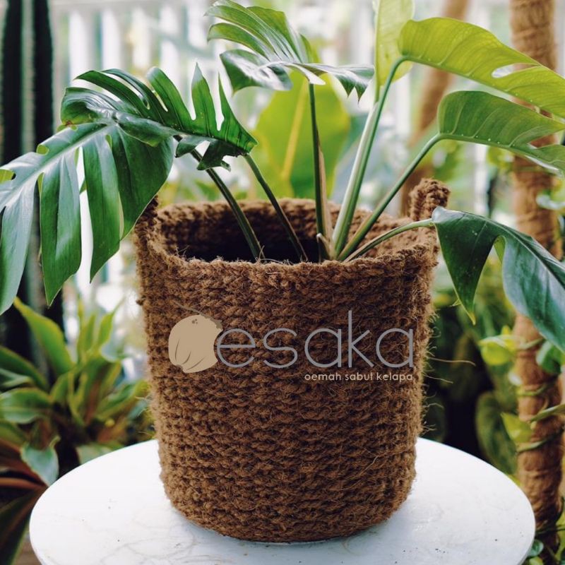 cover pot besar jumbo sabut kelapa anyaman unik handmade dekorasi ruangan by oesaka