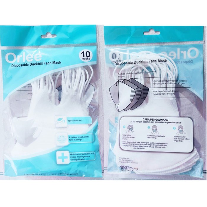 Masker Duckbill 3D Embos Orlee 3 Ply Earloop isi 10 pcs