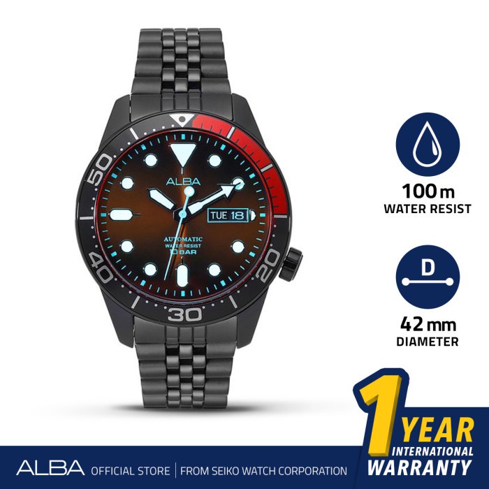 Alba Mechanical Tokyo Neon Jam Tangan Pria AL4209 / AL4209X1 Automatic Black Red Dial Stainless Stee