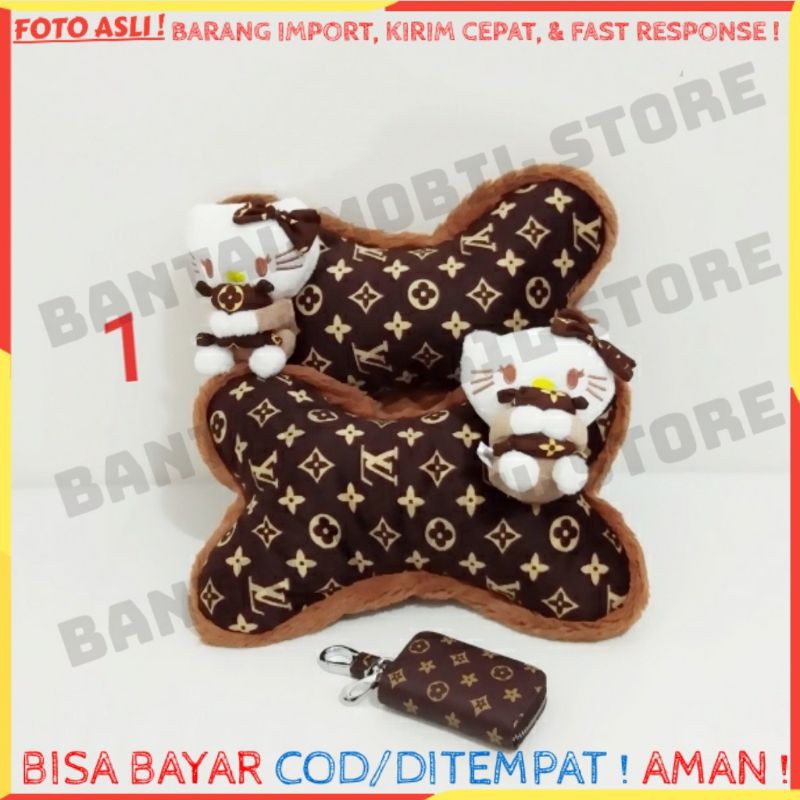 BANTAL HEADREST SANDARAN KEPALA LEHER DOMPET KUNCI STNK MOBIL MOTOR BONEKA KUCING HELLO KITTY LV COK