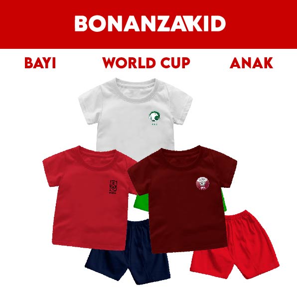 Setelan Bayi &amp; Anak World Cup 2022 Series KOREA/QATAR/KAMERUN/ARAB Usia 6 Bulan-8 Tahun Bahan Katun Premium GRATIS Nama dan No Punggung