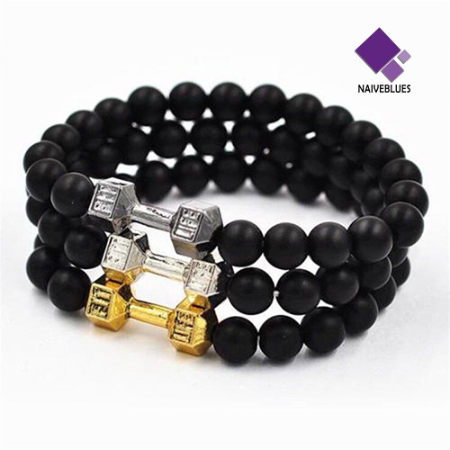 Naiveblue &gt; Gelang Tangan Unisex Dewasa Manik Batu Hitam Matte Adjustable Untuk Fitness / Gym