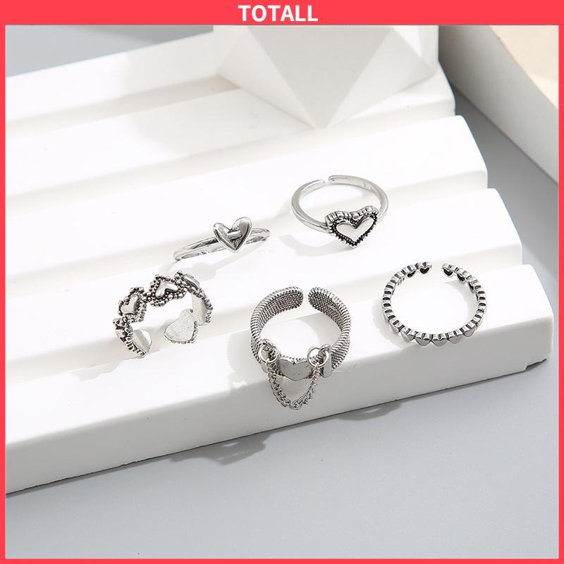 COD Cincin Cinta Terbuka Retro Sederhana Kreatif 5-piece Set Cincin Jari Telunjuk Berongga-Totall