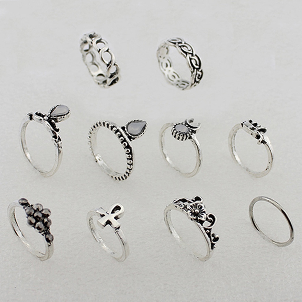 Hu Hu Hu Hu Hu Alat Bantu Pasang Kacamata♡ 10pcs / Set Cincin Knuckle Vintage Desain Bunga Hollow Anti Karat Untuk Wanita