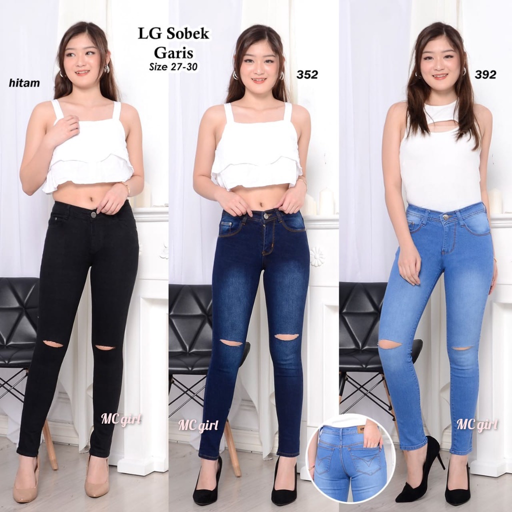 ( Size 27 - 34 ) Celana Jeans Panjang Sobek Garis Wanita / Celana Jeans Skinny Ripped Tembus Cewek / Celana Denim Pensil Koyak Tidak Ada Lapisan / Lepis Pants Riped Cewe Lgo