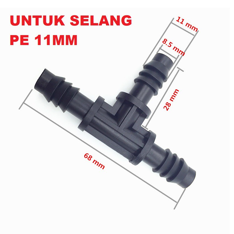 KONETOR TEE 11MM NEPEL - CONNECTOR T 8/11MM UNTUK SELANG PE 11 M NIPEL HIDROPONIK 3/8&quot; UNIRING