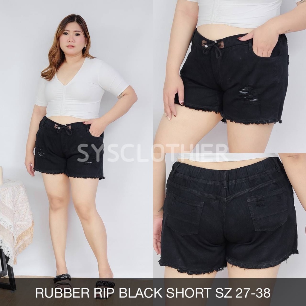 CELANA JEANS WANITA RUBBER BLACK  RIPPED SHORT