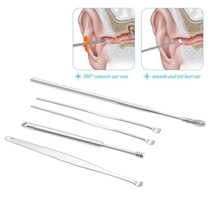 [5 IN1] Alat Pembersih Telinga Stainless 1 Set Korek Kuping Stainless Spiral Lengkap Earpick Kotoran Keras Sedot untuk Dewasa Bayi Balita