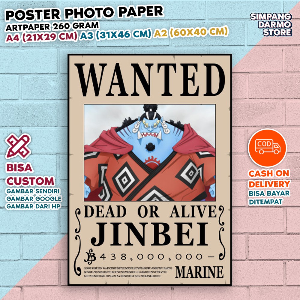 Jual Poster Buronan Jimbei Terbaru Jinbe Kru Bajak Laut Topi Jerami Hiasan Foster Wanted Bounty