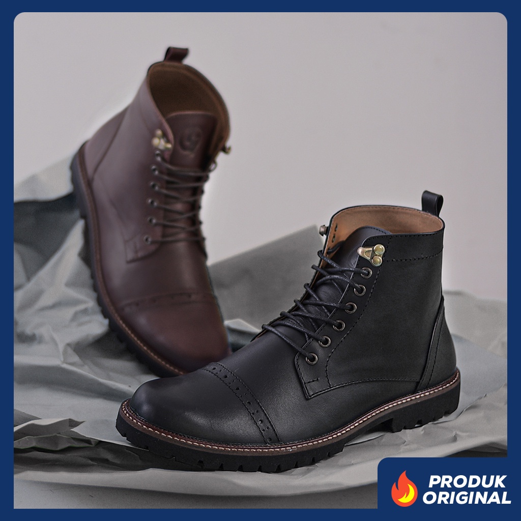 ARPEGIO BLACK ORIGINAL x REYL MAN Sepatu Safety Boots Hitam Kulit Sapi Asli Pria Kerja Proyek Lapangan Outdoor Ujung Besi Steel Toe Cap Leather Footwear Motor Touring Boot Casual Bikers Riding High Shoes Big Size Ukuran Jumbo 44 45 Keren Terbaru Branded