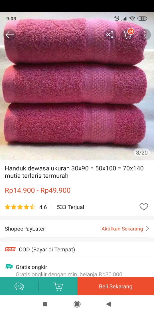 Handuk Dewasa Ukuran 30x90 = 50x100 = 70x140 Mutia Terlaris Termurah