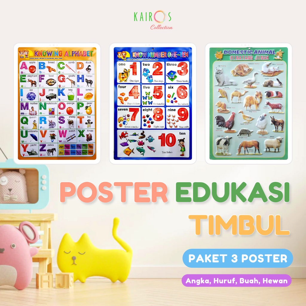 Paket Hemat 3 Poster Timbul Edukasi Anak Menenal Angka Huruf Buah Binatang