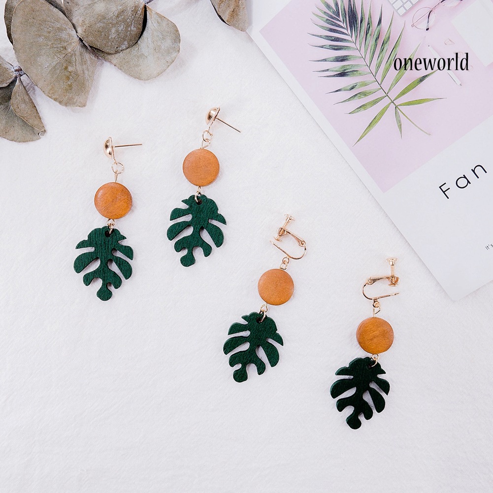 OW@ Bohemian Wooden Monstera Leaf Dangle Women Stud Earrings/Ear Clips Jewelry Gift