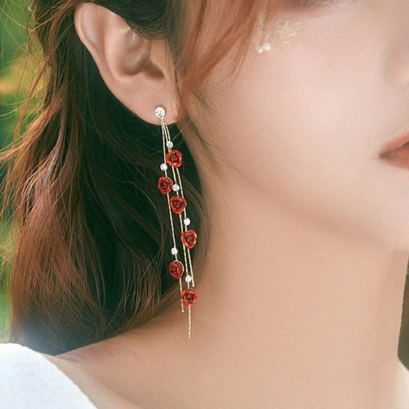 Anting Rumbai Panjang Desain Bunga Mawar Gaya Korea