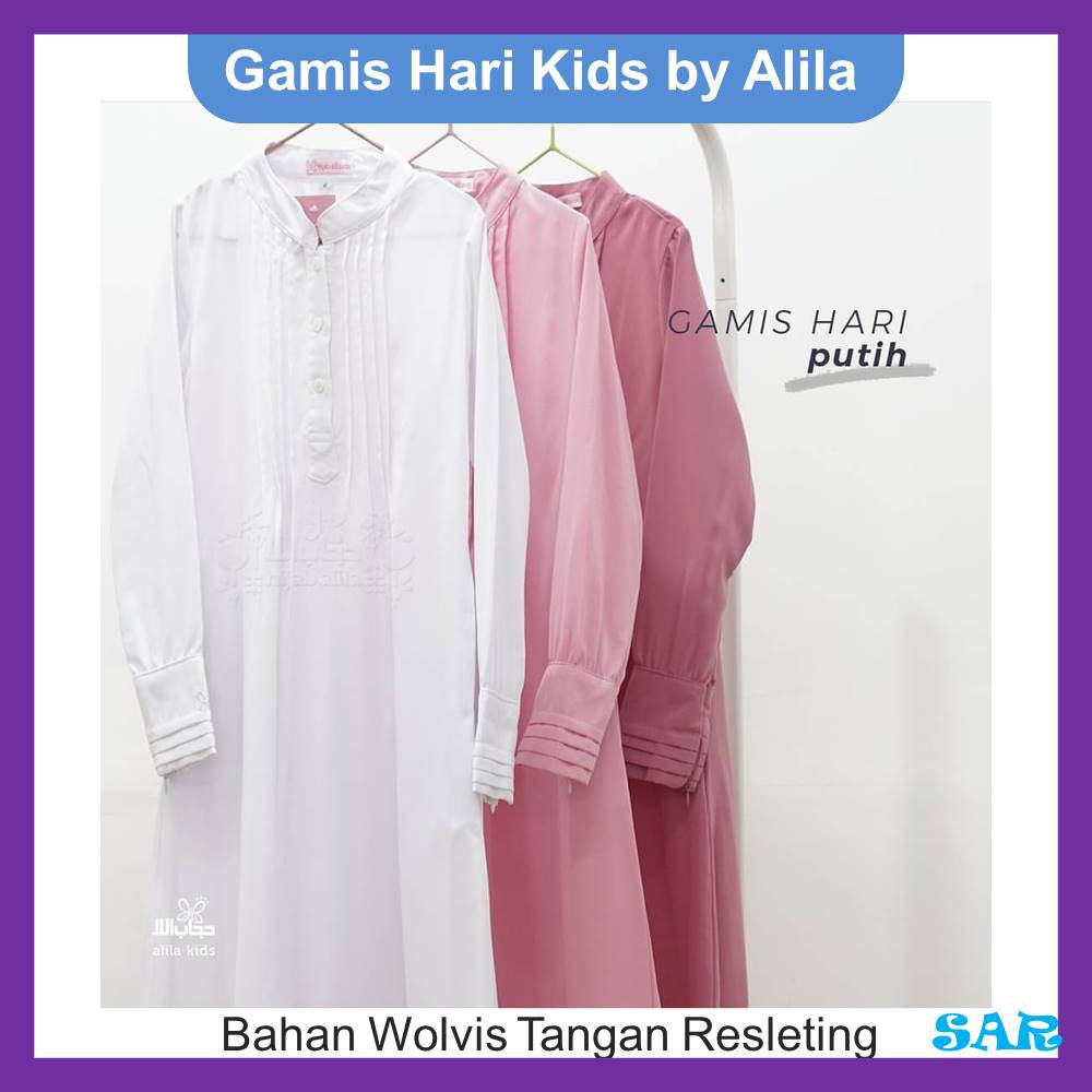 Gamis Hari Kids Polos Syari Satu Warna Bahan Wolfis Tangan Resleting by Alila Kids