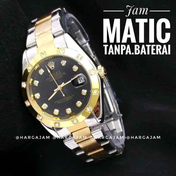 TER BARU -   Jam Automatic Rolex R1003 Oyster Perpetual Rantai Kombi Plat Black (hargajam harga jam
