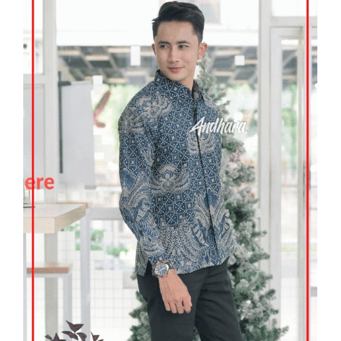 Kemeja Baju Batik Pria Lengan Panjang Slimfit Modern Kasual Premium KEPYARNAVY1