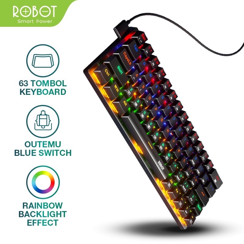 ROBOT KB20 Keyboard Wired Mechanical Blue Switch 63 Keys Rainbow Light / Keyboard Gaming Mekanikal FULL Anti Ghosting Port