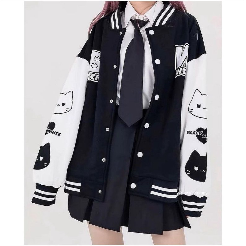 Black-White Jaket Baseball Wanita Korea Oversize | Jaket Wanita Korea | Varisty Jaket Wanita Korea
