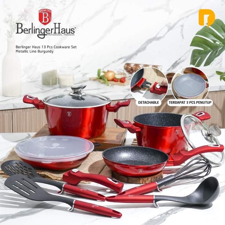 [BISA COD] Berlinger Haus 13 Pcs Cookware Set with Detachable Handle Metallic Line Burgundy Panci Se