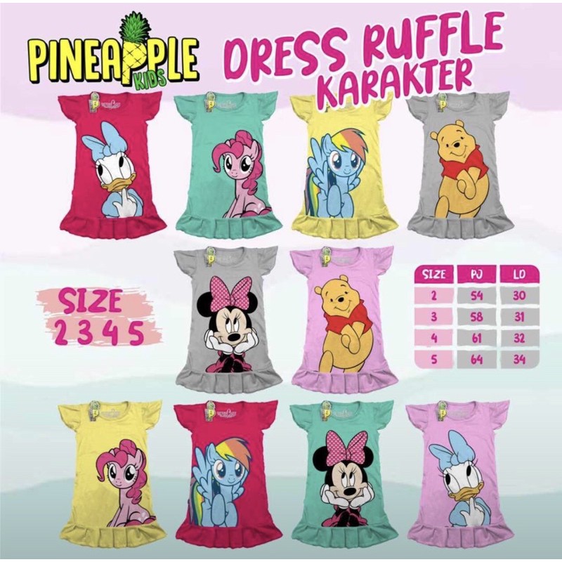 dress ruffle kaos anak merk pineapple daster anak usia 1-5 tahun