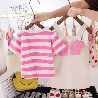 Set Kaos  Garis  Lengan Pendek Aksen Tali Sayap Lucu Bahan 