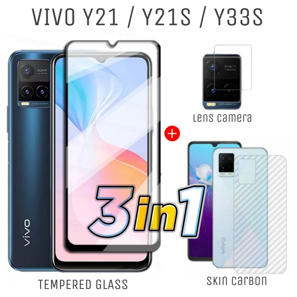 Tempered Glass Vivo Y21 / Vivo Y21s / Vivo Y33s Paket 3in1 Screen Guard Free Skin Carbon Dan Lens Back Camera Handphone
