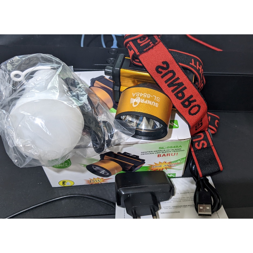 Senter Kepala Headlamp Sunpro SL-8848A Kuning/Putih 15 Watt Charger bonus Lampu Ada korek Api untuk rokok dan nyalakan api