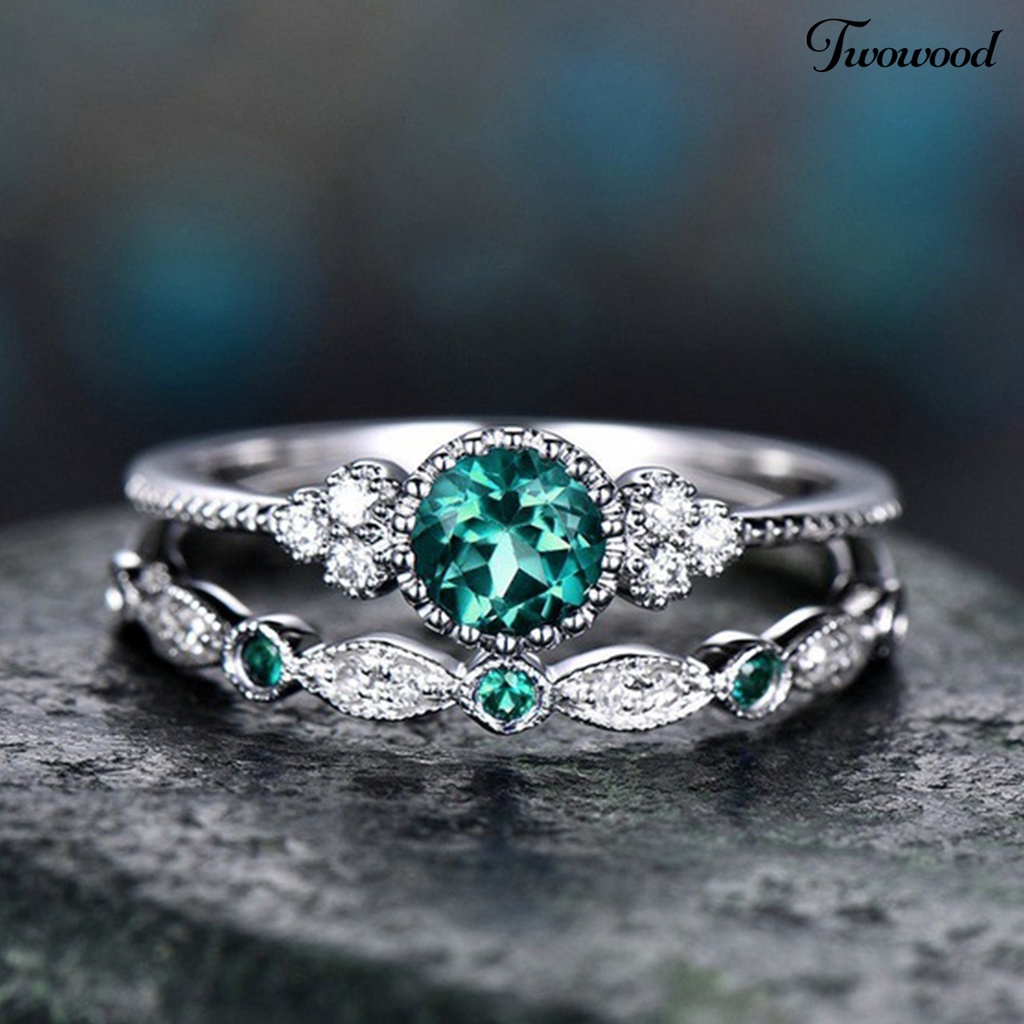 Twowood 2Pcs Engagement Rings Geometric Green Cubic Zirconia Ladies Sparkling Exquisite Finger Rings Jewelry Accessories