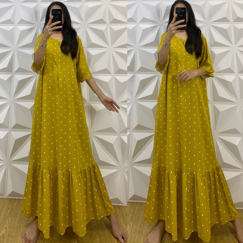 daster MONA tangan 3/4 PB 130cm /daster panjang rempel tangan 3/4  JUMBO premium sleting /busui/rempel tangan 3/4/ tangan pendek/ tali grosir ecer SEMATA KAKI RAYON-Mona Dot lime