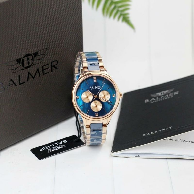 jam tangan wanita BALMER 8157 Rantai rosegold keramik blue multifungsi original