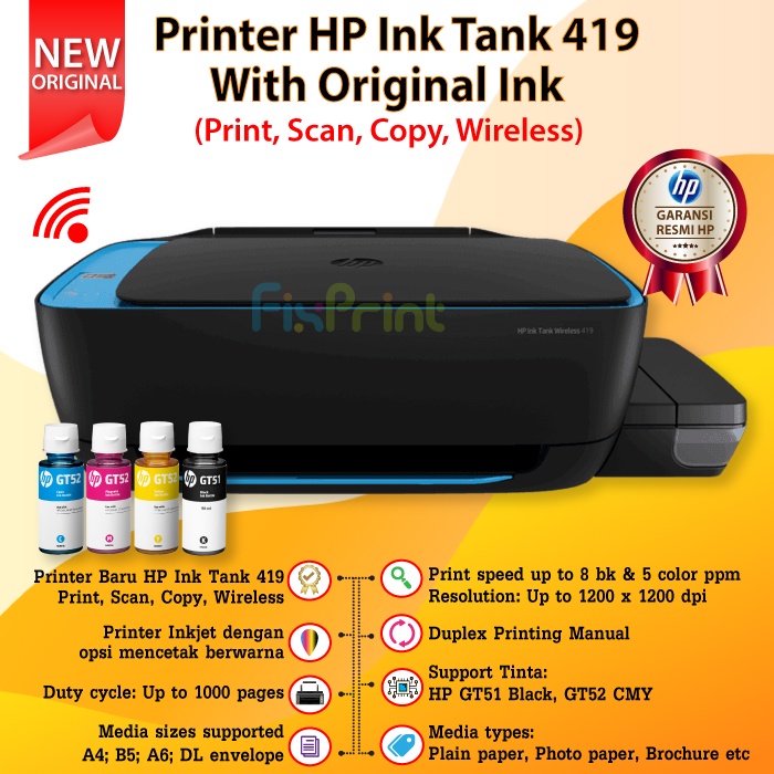 Printer HP Ink Tank 419 Wireless All in One Print Scan Copy New