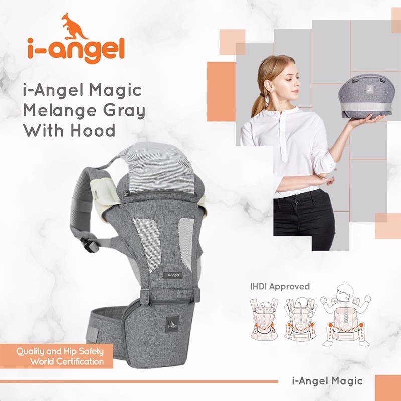 I-Angel Magic Hipseat Baby Carrier with Hood Grey - Gendongan bayi