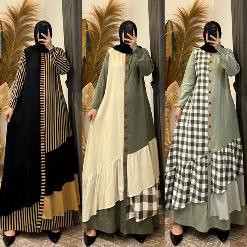 Gamis katun kombinasi syaina by semut original / gamis semut motif terbaru / semut gamis katun kombi