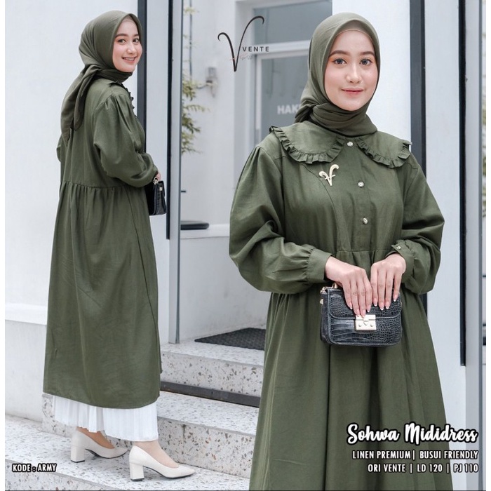 Midi Dress Korean Style Sohwa Bahan Linen Busana Muslimah Ori Vente - Army